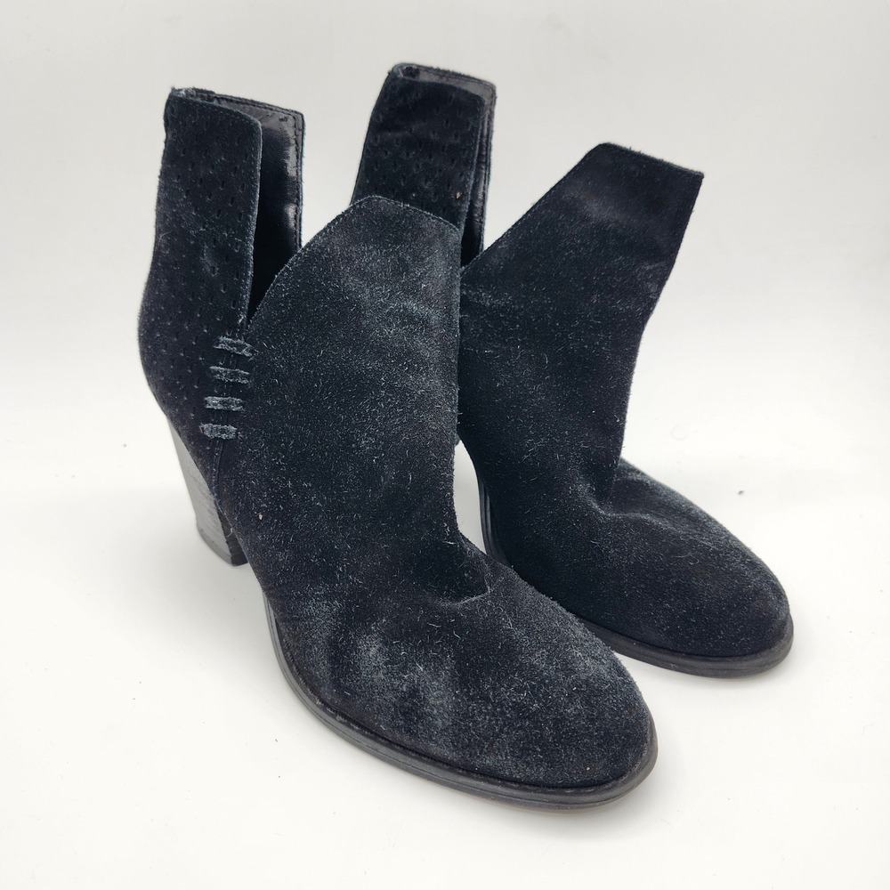 Steve Madden Shepp Black Suede Cutout Leather Ankle Booties Block Heel Women's 7